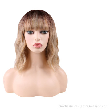 Cute Realistic High Quality Water Wave Short Best Curly Synthetic Bob Cosplay Cheap Pink Paula Young Wigs With Bangs For Women